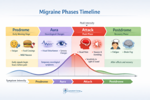 the four phases of a migraine—prodrome, aura, attack, and postdrome—with symptoms and a timeline of intensity.