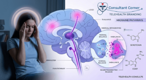 A person sitting in a dim, calm room holding their head in discomfort, soft glowing pulse around the head representing migraine, minimal background, blue and purple tones, modern medical illustration style, clean and professional, telehealth branding space on side